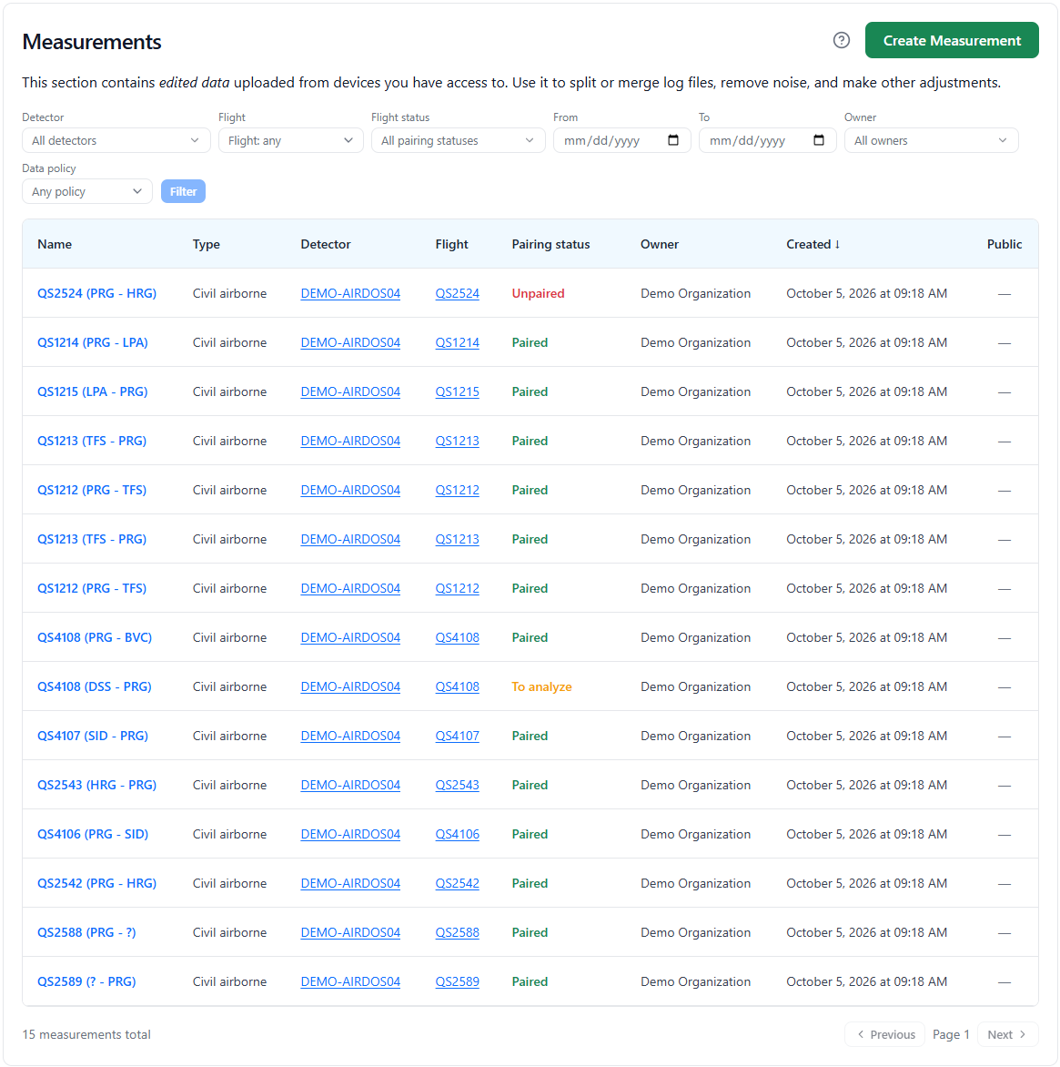 The list of measurements in DOSPORTAL: a table of flights with the detector, flight number, pairing status and owning organisation of each, and filters above it